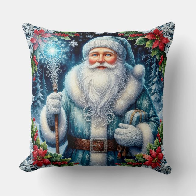Almofada Papai Noel de Roupa Azul com Decorações de Inverno (Frente)