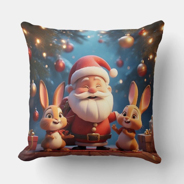 Almofada Papai Noel e Dois Coelhos Alegres (Frente)