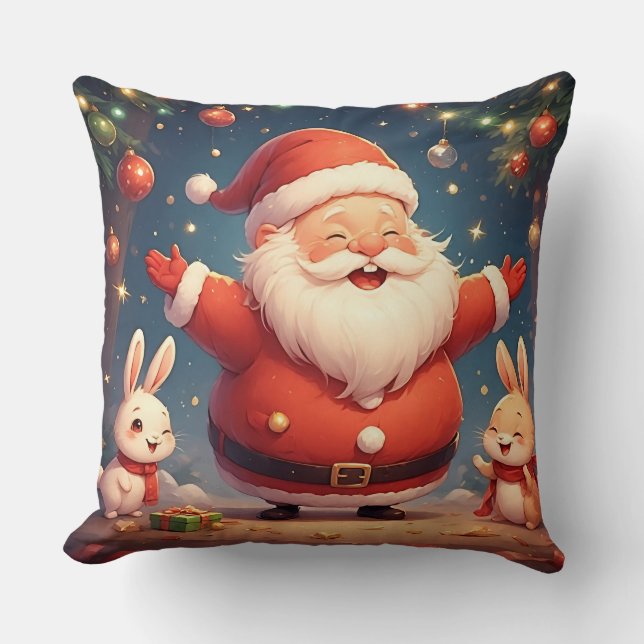 Almofada Papai Noel e Dois Coelhos Alegres (Frente)