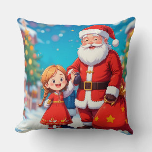 Almofada Papai Noel e Menina com um Saco de Presentes