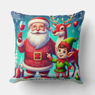Almofada Papai Noel, Elfo e Rena em um Natal Festivo