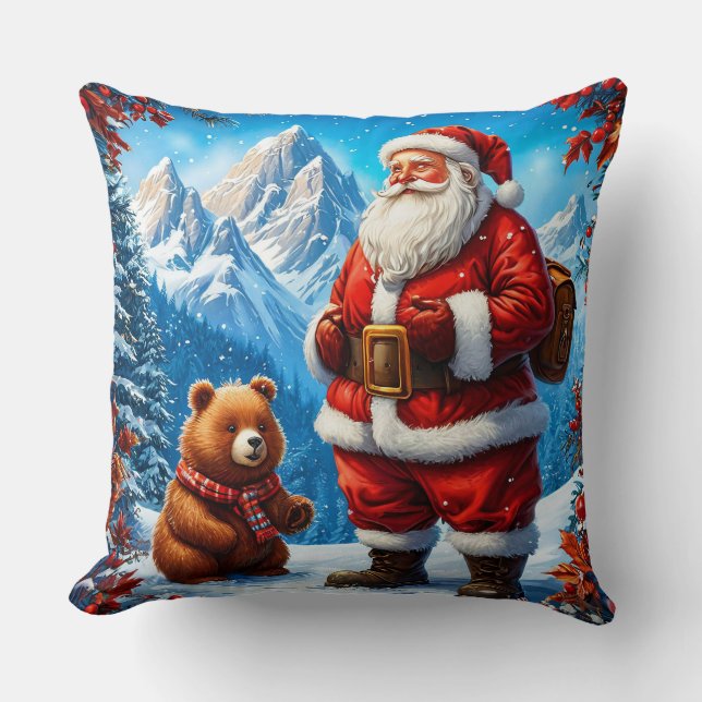 Almofada Papai Noel encontra Urso Amigável na Montanha Snow (Frente)
