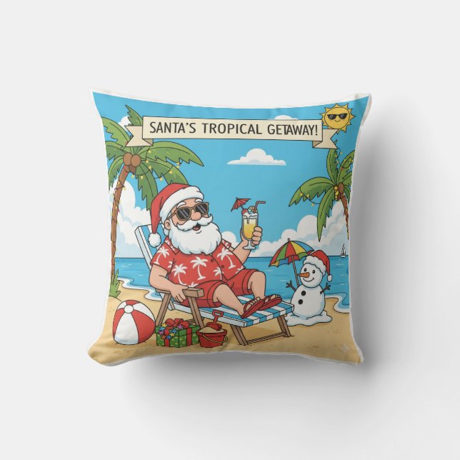 Almofada Papais noeis e boneco de neve na praia (Frente)