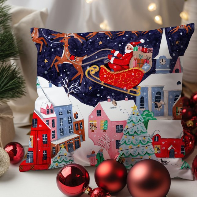 Almofada Papais noeis Noite antes da Vila Nórdica de Natal (Santa Night before Christmas Nordic Village Throw Pillow
)