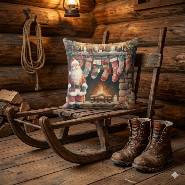Almofada Papais noeis por Lareira das existências de Natal (Santa by Fireplace Christmas Stockings Throw Pillow Mockup C)