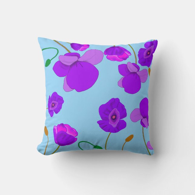 Almofada Papaver Poppy Lilac sobre fundo azul pálido (Frente)