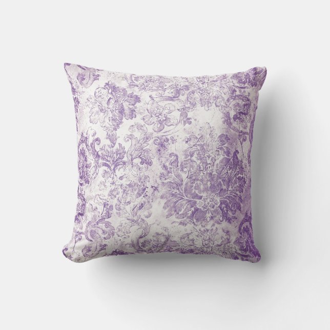 Almofada Papel de parede branco roxo do chique do damasco (Frente)