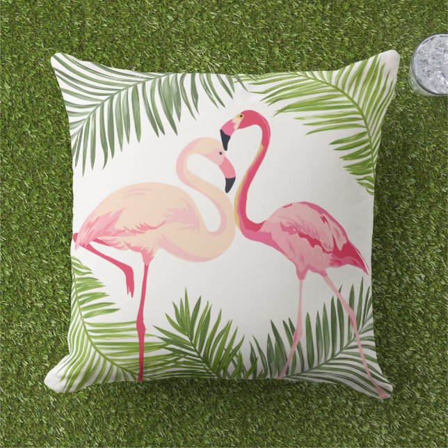 Almofada Par de Flamingos Rosa Tropical Folha de Palmeira (Grama)