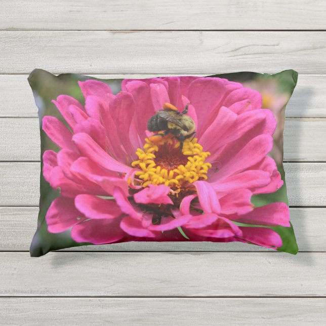 Almofada Para Ambientes Externos Abelhas de mel, cor-de-rosa, de Zinnia rosa (Frente)
