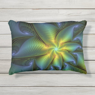 Almofada Para Ambientes Externos Arte fractal abstrata dourada azul-verde brilhante