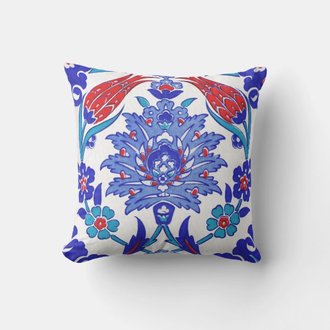Almofada Para Ambientes Externos Azulejo Floral Turquesa Azul Vermelho Antigo Turco (Frente)