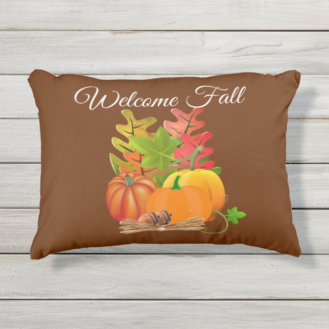 Almofada Para Ambientes Externos Bem-vindos, Fall Season Orange Pumpkin, em Brown (Frente)