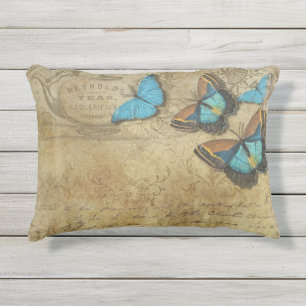 Almofada Para Ambientes Externos Borboletas Azuis Vintage Steampunk em Pergaminho
