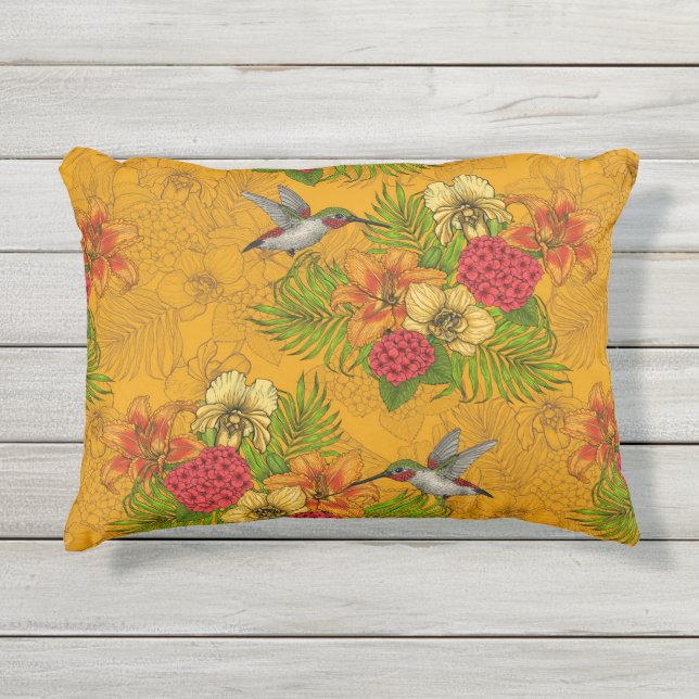 Almofada Para Ambientes Externos Buquês tropicais e beija-flores 2 (Frente)