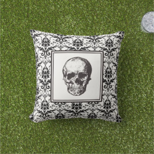 Almofada Para Ambientes Externos Caveira de Cor damasco Gótica Negra Elegante
