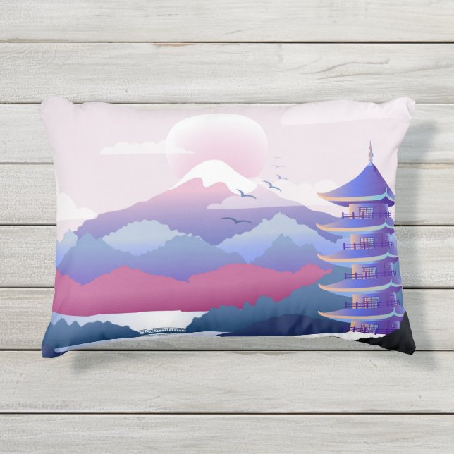 Almofada Para Ambientes Externos Cenário de Templo Pacífico no amanhecer (Frente)