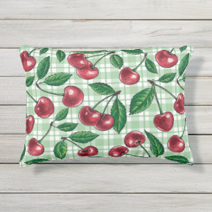 Almofada Para Ambientes Externos Cerejas vermelhas em gingham verde-claro