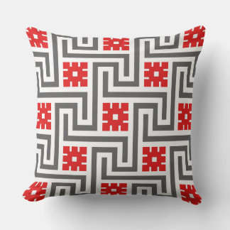 Almofada Para Ambientes Externos Chave Grega Deco, Vermelho Profundo, Branco e Cinz
