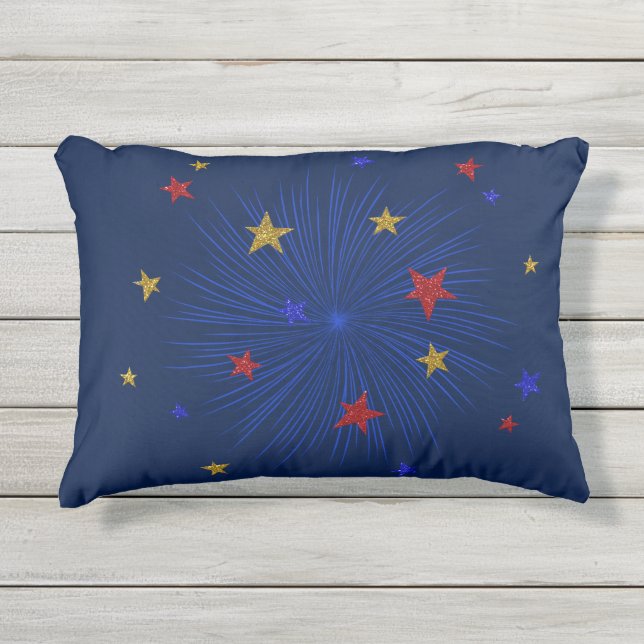 Almofada Para Ambientes Externos Dourado, Vermelho, Estrelas Azuis, Travesseiro de  (Frente)