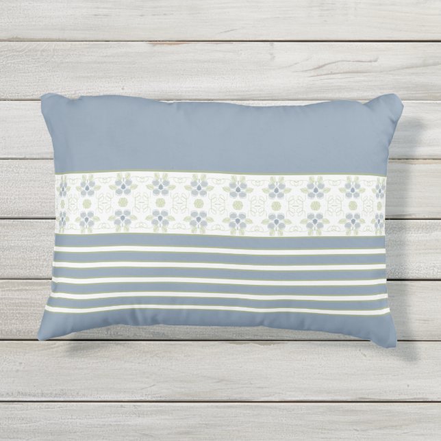 Almofada Para Ambientes Externos Faixa branca e verde com Floral Azul (Verso)