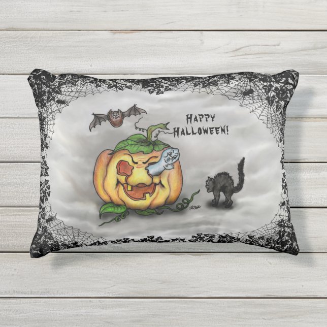 Almofada Para Ambientes Externos Fantasma, Bat e Cat, Feliz Halloween! (Frente)