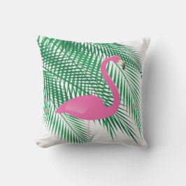 Almofada Para Ambientes Externos Flamingo & folhas de palmeira tropicais no branco