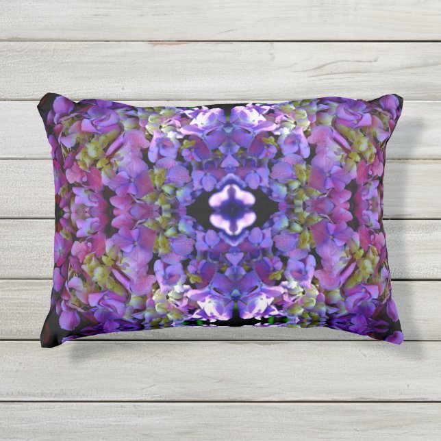 Almofada Para Ambientes Externos Flores magenta púrpura amarelas Hydrangas (Frente)