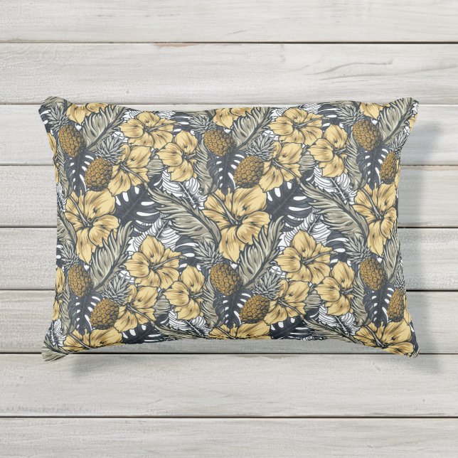 Almofada Para Ambientes Externos Flores Tropicais Negras Douradas Elegantes de luxo (Frente)