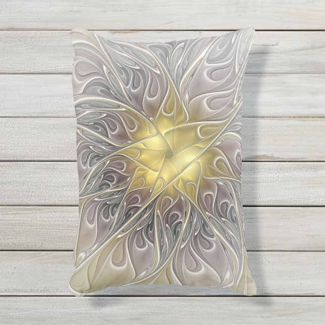 Almofada Para Ambientes Externos Florescer Com Flor Fractal Abstrata Moderna Dourad (Front(Vertical))