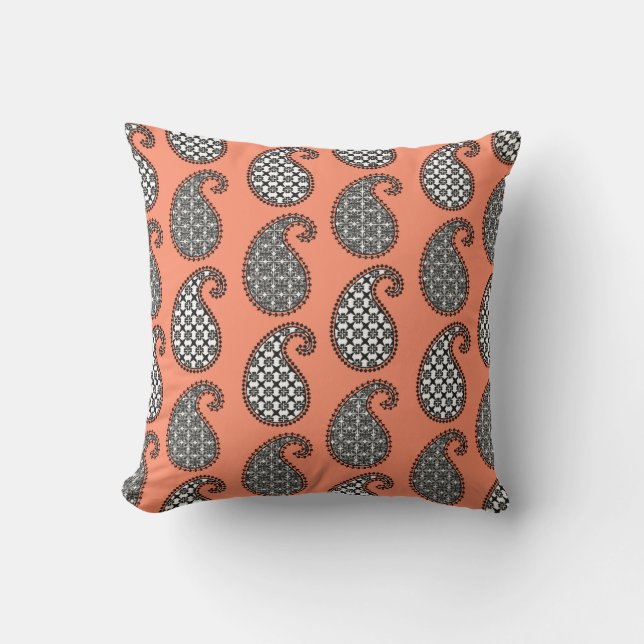 Almofada Para Ambientes Externos Folha, cor de laranja, preto e branco (Frente)