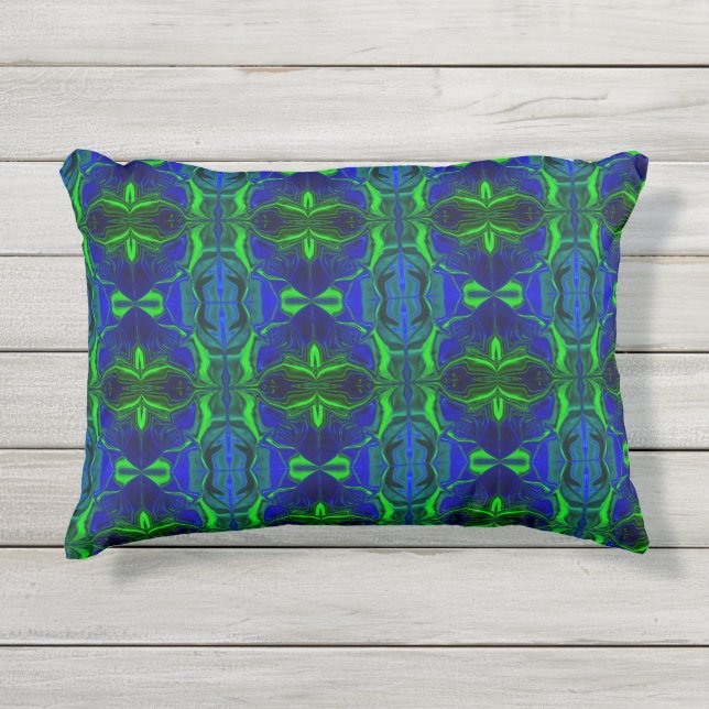 Almofada Para Ambientes Externos Formas, 'Traços verdes flutuam' sobre fundo azul (Frente)