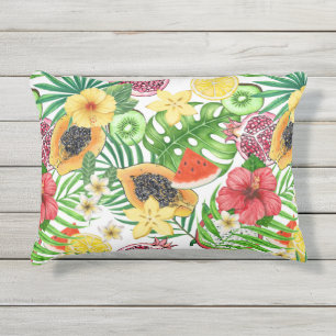 Almofada Para Ambientes Externos Frutas tropicais, flores e folhas em branco