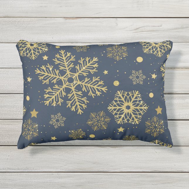 Almofada Para Ambientes Externos Golden snowflakes on navy (Frente)