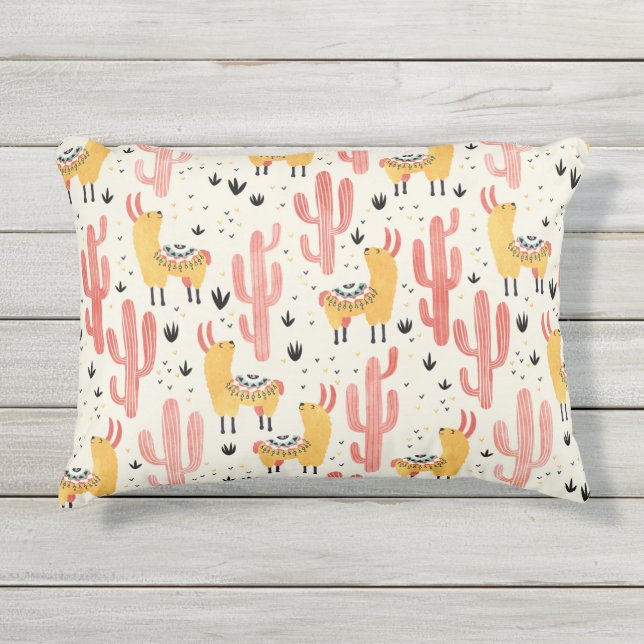 Almofada Para Ambientes Externos Lama feliz com cacto (Frente)