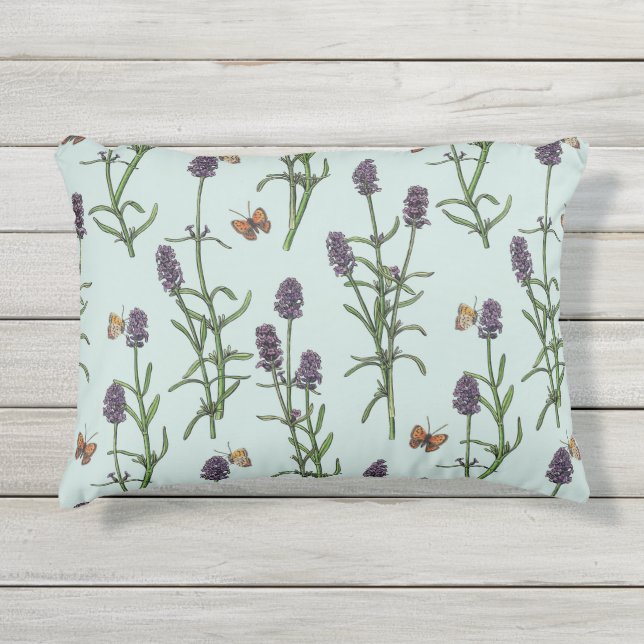 Almofada Para Ambientes Externos Lavandas e borboletas no vidro marinho (Frente)