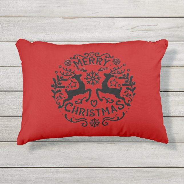 Almofada Para Ambientes Externos Merry Christmas Reindeer, Red Black (Frente)
