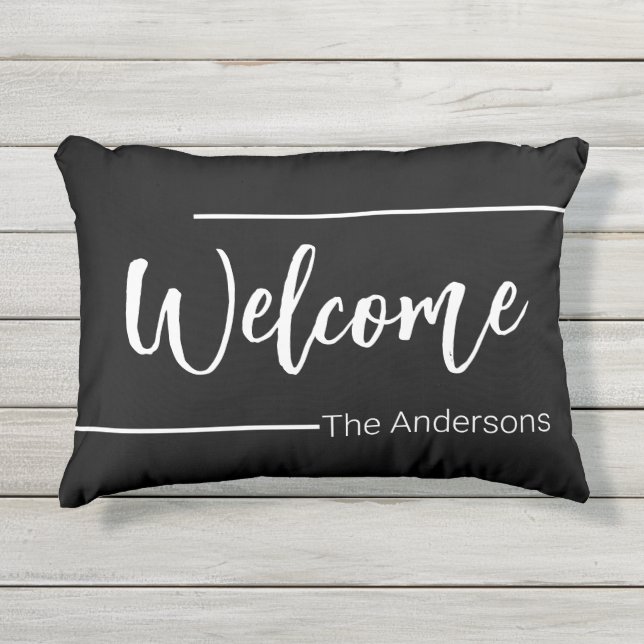 Almofada Para Ambientes Externos Modelo de Texto do Script de Boas-vindas em Preto  (Frente)