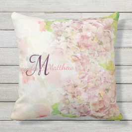 Almofada Para Ambientes Externos Monograma cor-de-rosa romântico do Hydrangea & do