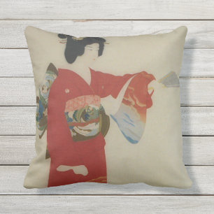Almofada Para Ambientes Externos Mulher japonesa do vintage no quimono vermelho