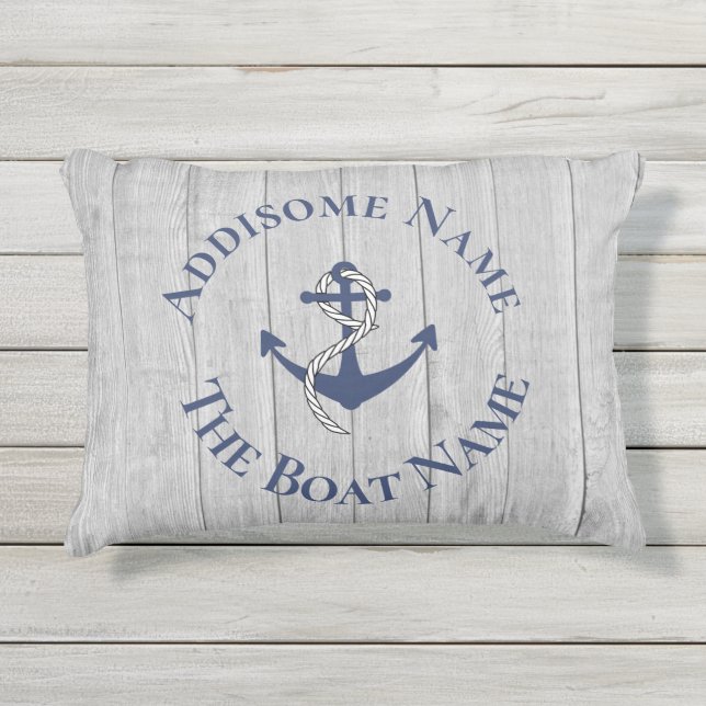 Almofada Para Ambientes Externos Nautical Family Boat Name Navy Anchor  gray wood A (Frente)