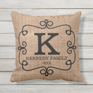 Almofada Para Ambientes Externos Nome Da Família Rustic Burlap Monogramed