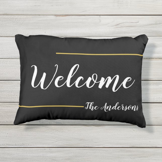 Almofada Para Ambientes Externos Nome de Texto Dourado e Branco de Boas-vindas (Verso)