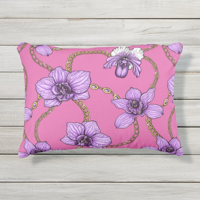 Almofada Para Ambientes Externos Orquídeas e correntes, violetas e rosa (Frente)