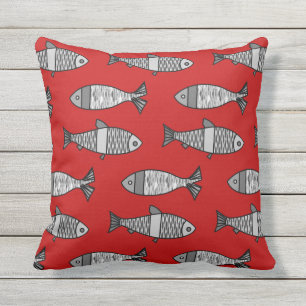 Almofada Para Ambientes Externos Os peixes modernos retros imprimem, vermelho e
