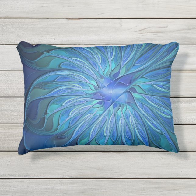 Almofada Para Ambientes Externos Padrão de Fantasia de Flor Azul, Arte Fractal Abst (Frente)