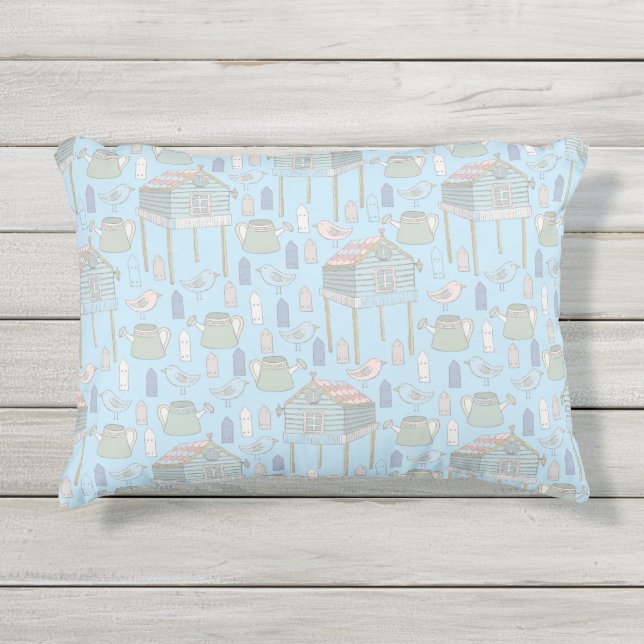 Almofada Para Ambientes Externos Padrão de Jardineiro Whimsical em Blue Outdoor (Frente)