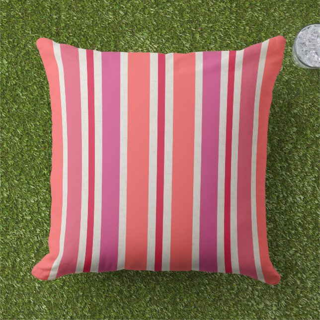 Almofada Para Ambientes Externos Padrão de Stripes de Verão Rosa e Vermelho (Grama)