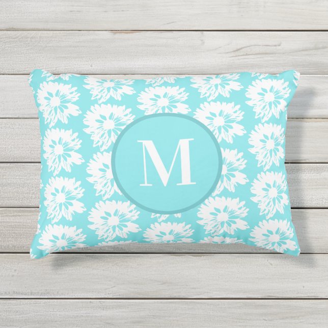 Almofada Para Ambientes Externos Padrão Floral do Verão Branco e Aqua (Frente)