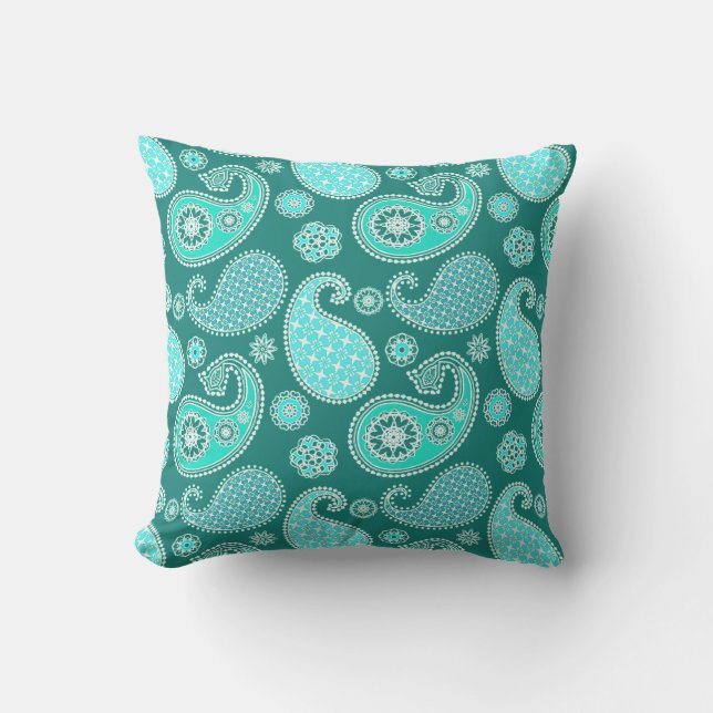Almofada Para Ambientes Externos Paisley, Turquesa, Aqua e White (Frente)