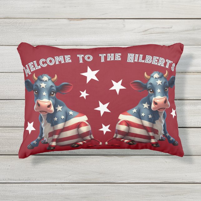Almofada Para Ambientes Externos Patriotic American Flag Cow Illustration (Frente)